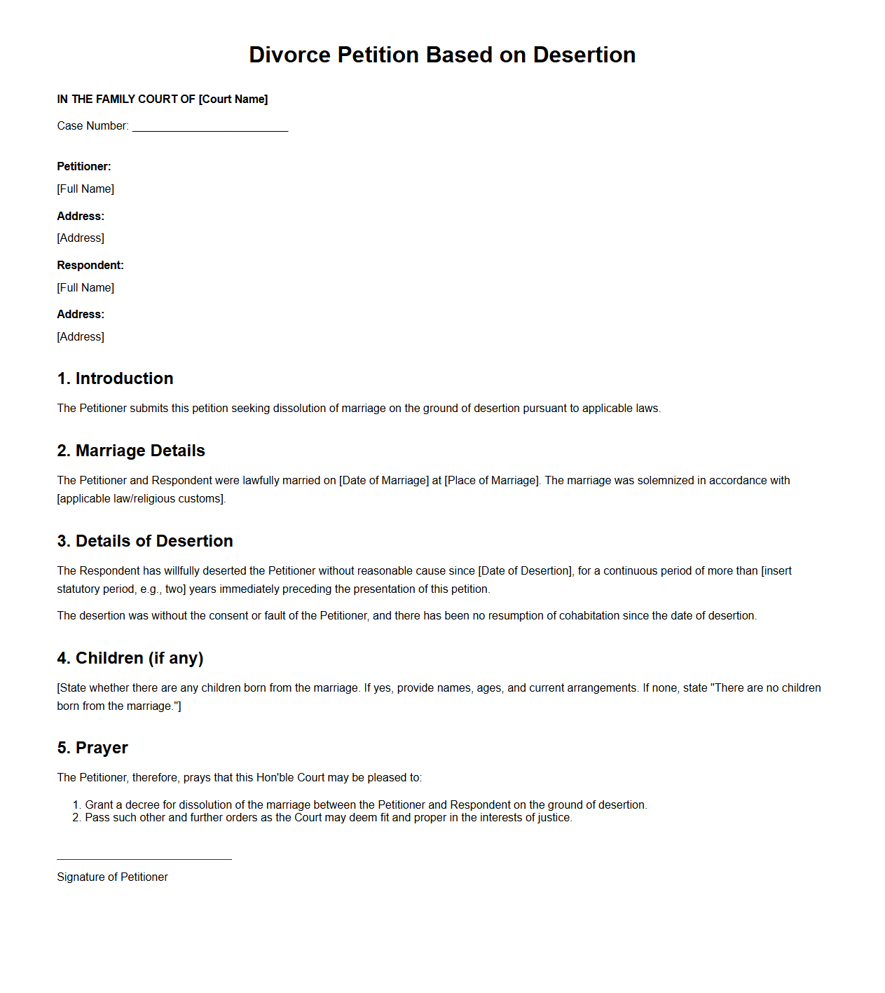 Divorce Petition Based on Desertion