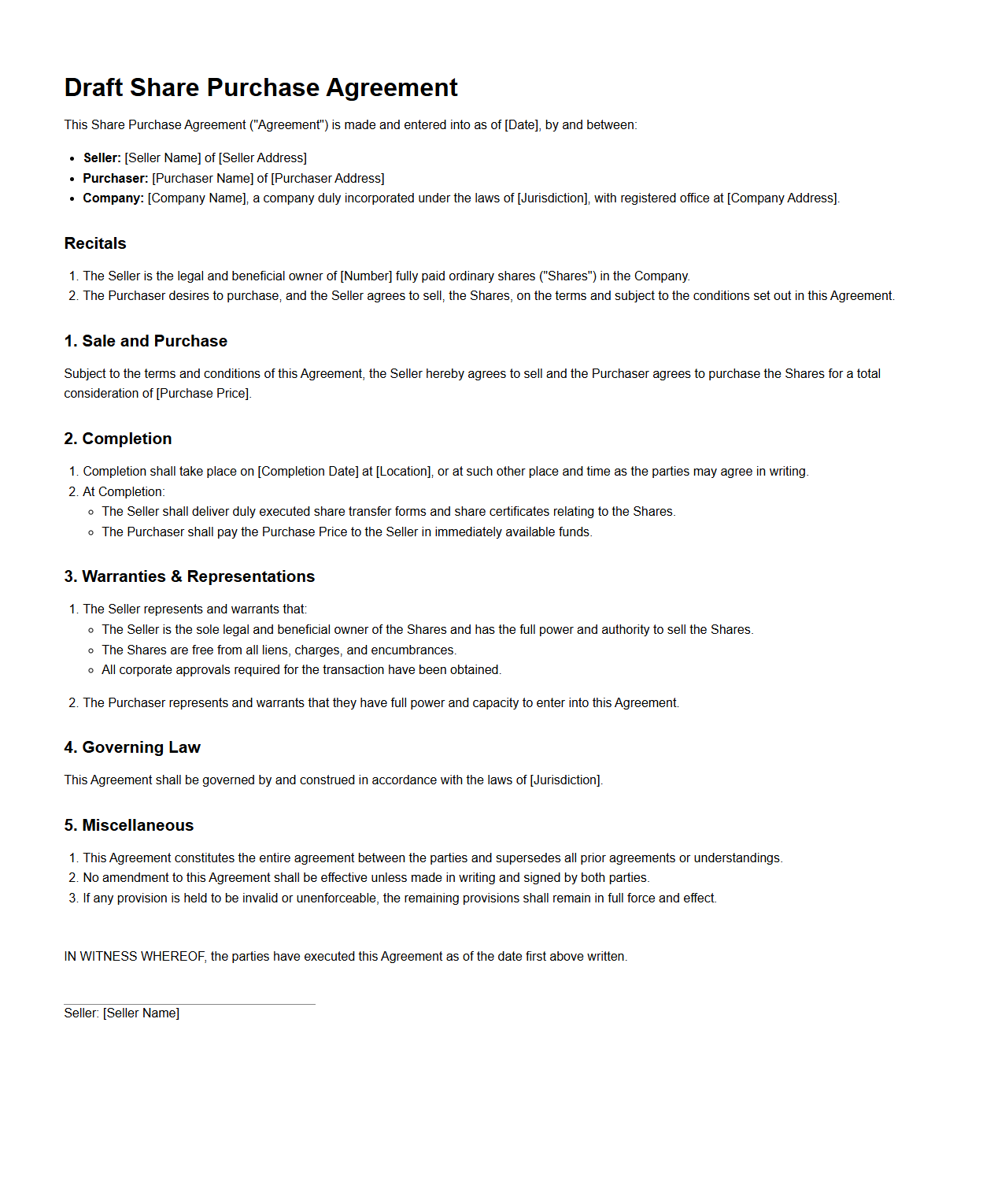 Draft Share Purchase Agreement for Investors