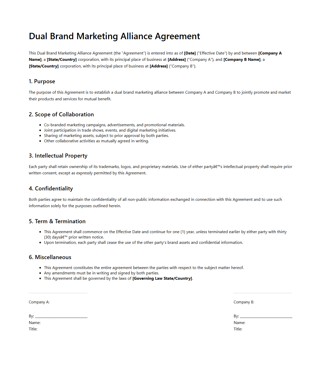 Dual Brand Marketing Alliance Agreement Example