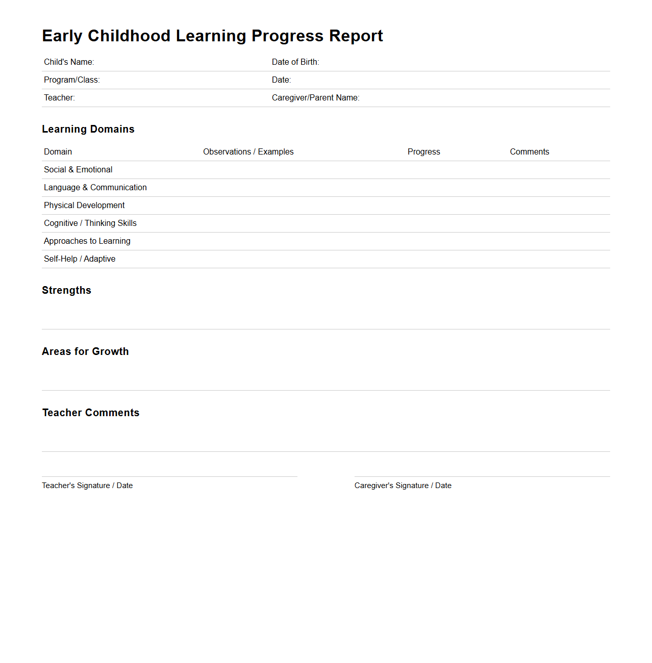 Early Childhood Learning Progress Report for Caregivers