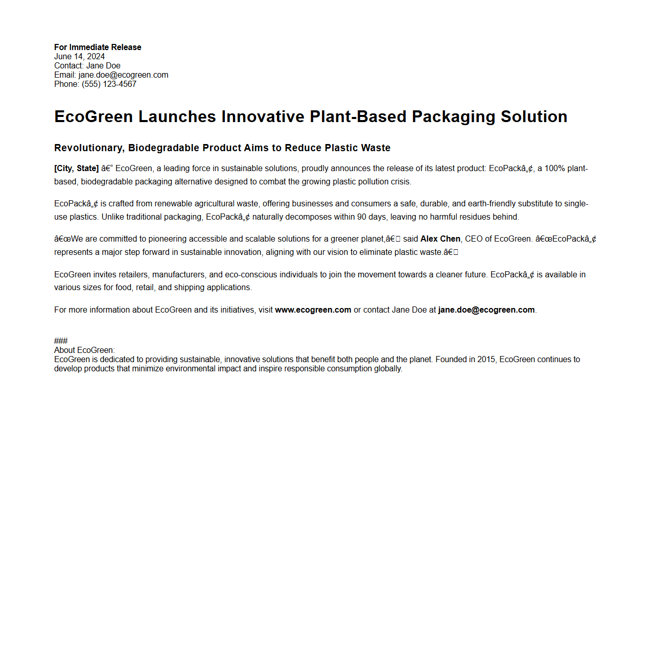 Eco-friendly Product Introduction Press Release Sample