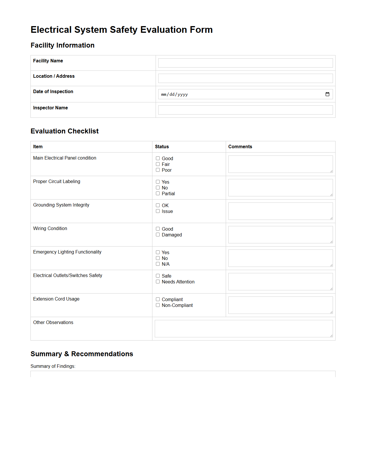 Electrical System Safety Evaluation Form for Hospitality