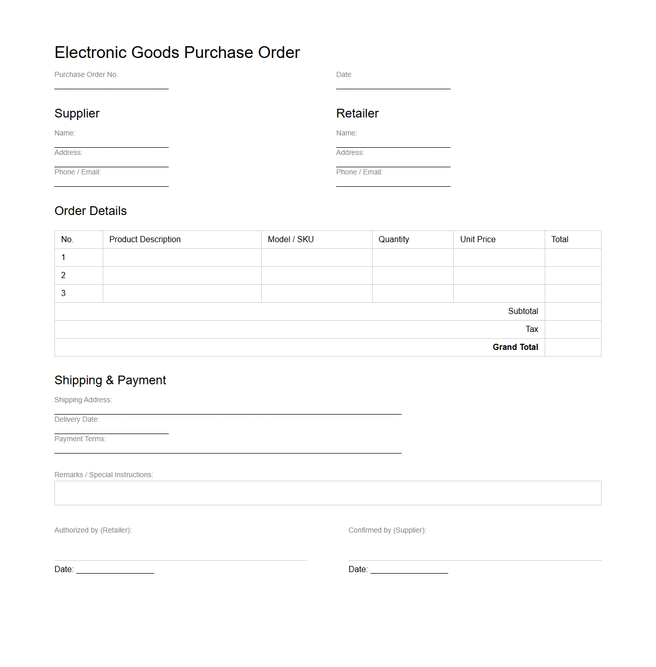 Electronic Goods Purchase Order for Retail