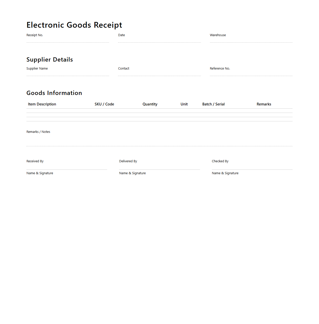Electronic Goods Receipt Template for Retail Warehouse