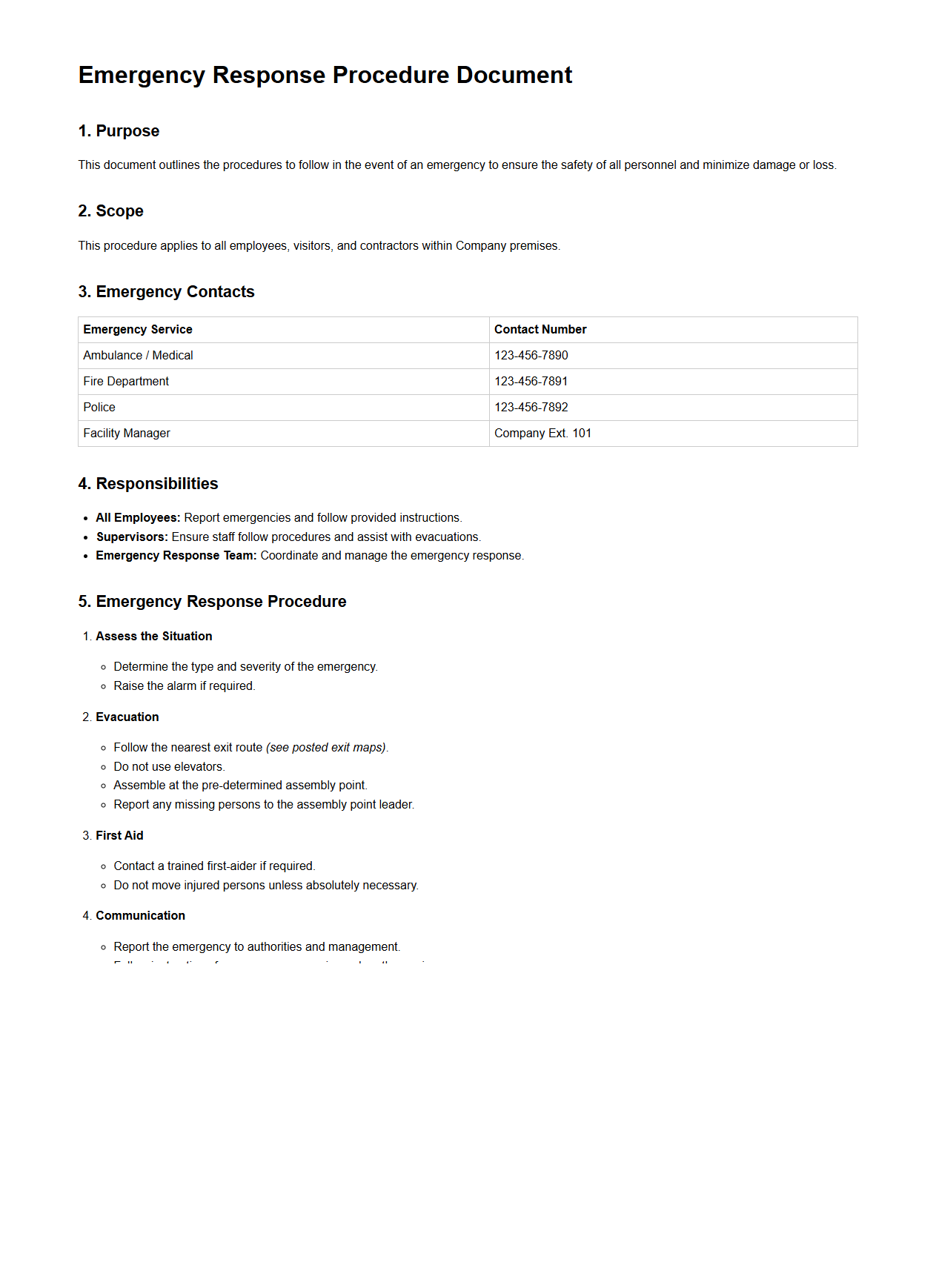 Emergency Response Procedure Document Sample