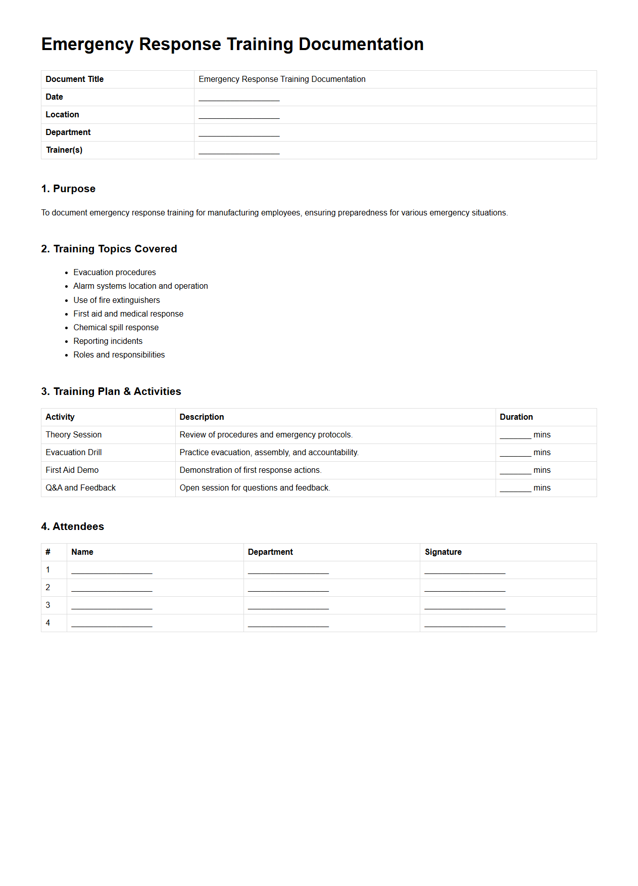 Emergency Response Training Documentation for Manufacturing