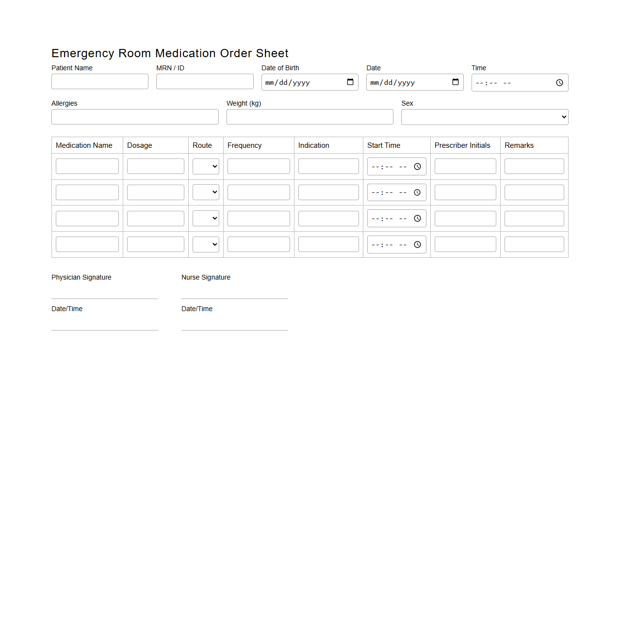 Emergency Room Medication Order Sheet