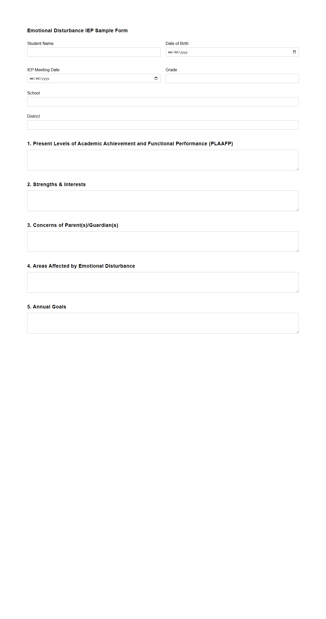 Emotional Disturbance IEP Sample Form