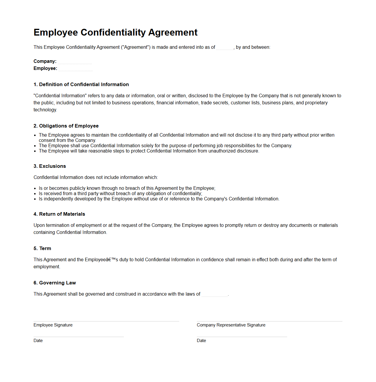 Employee Confidentiality Agreement Template