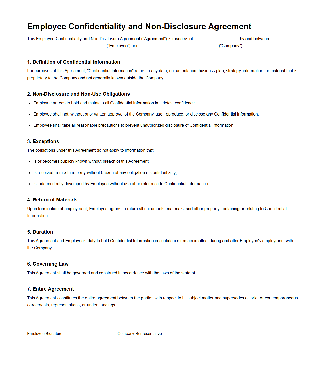 Employee Confidentiality and Non-Disclosure Agreement