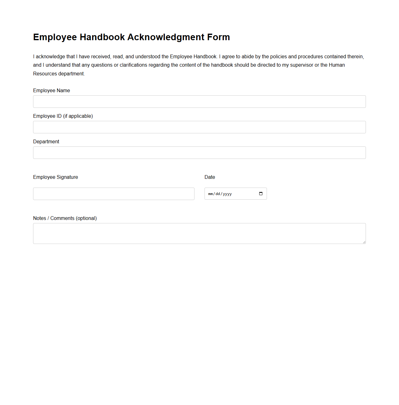Employee Handbook Acknowledgment Form
