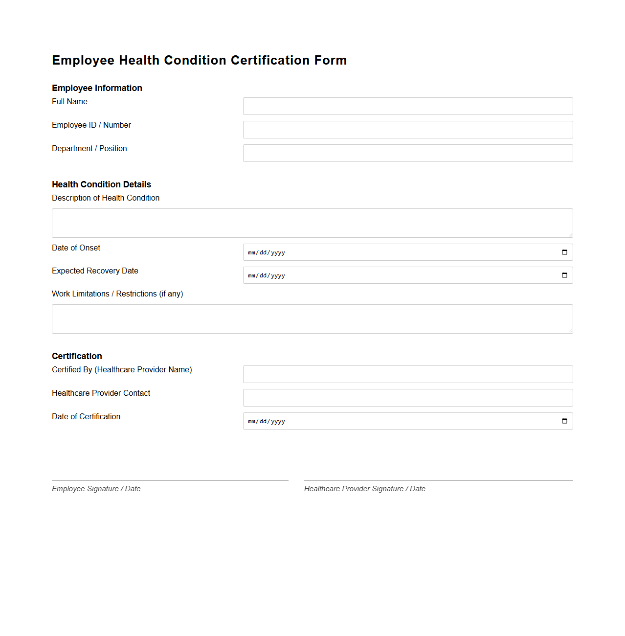 Employee Health Condition Certification Form