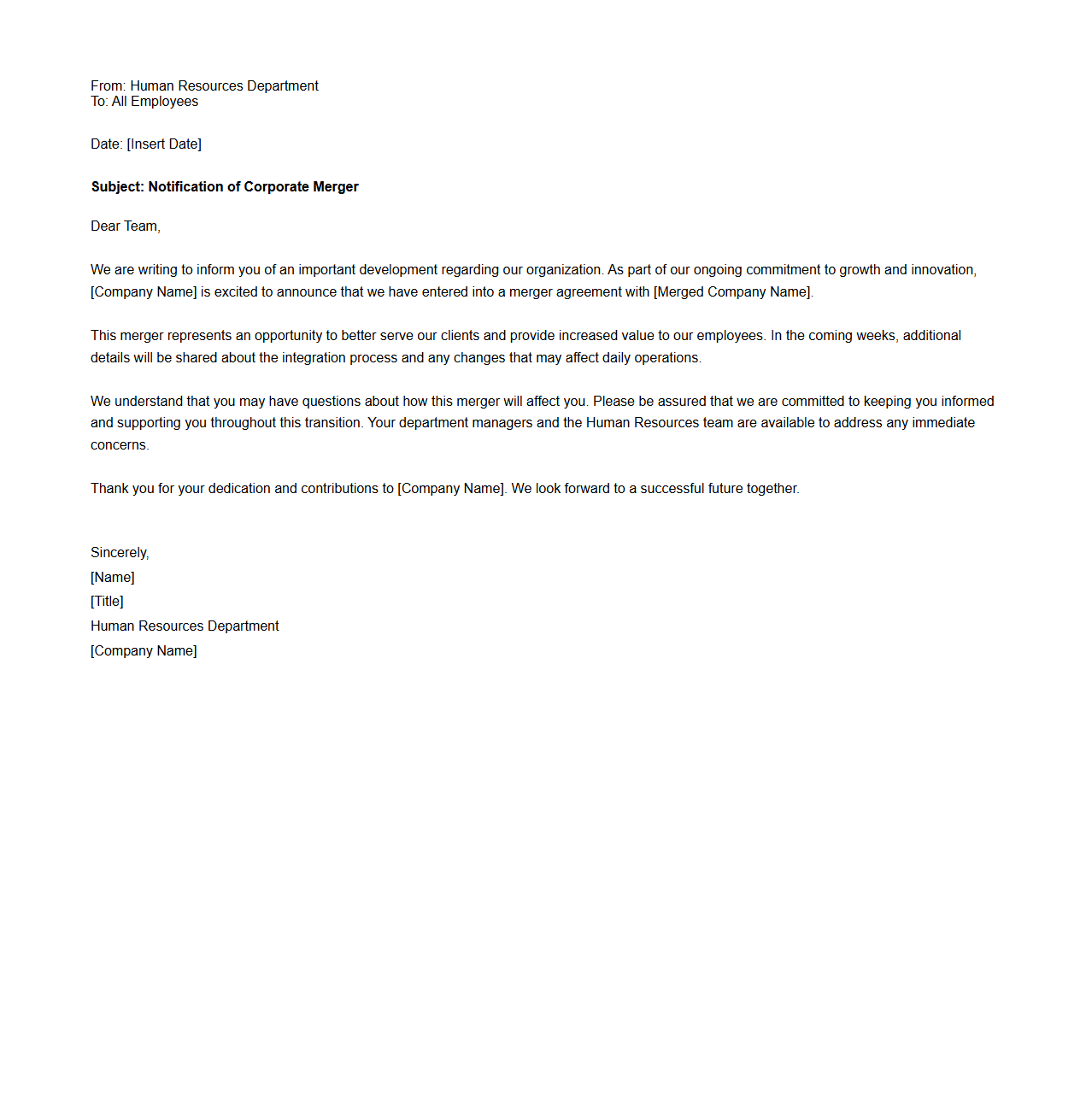 Employee Notification Letter for Corporate Merger