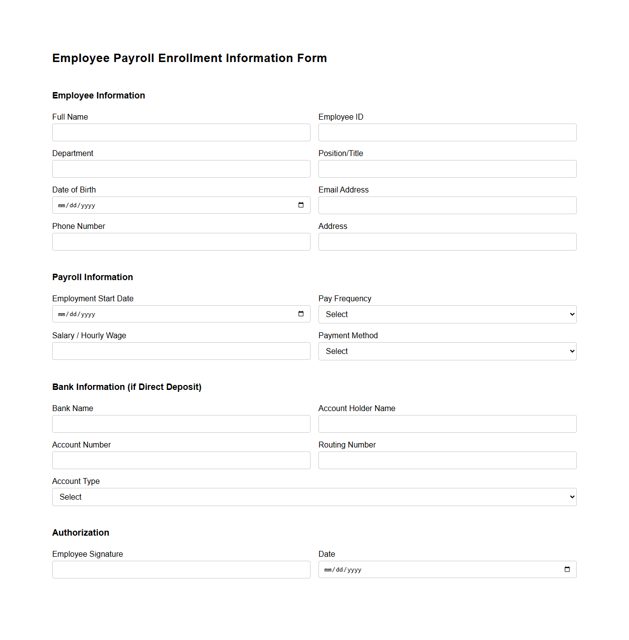 Employee Payroll Enrollment Information Form