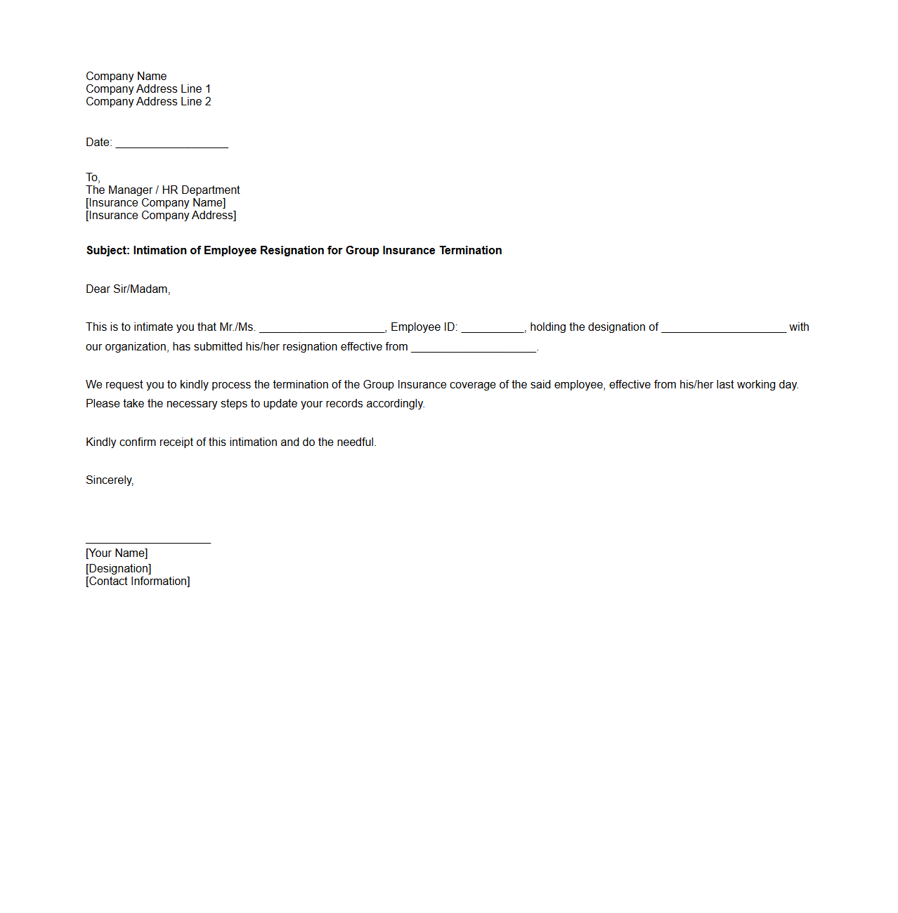 Employee Resignation Intimation Letter for Group Insurance Termination