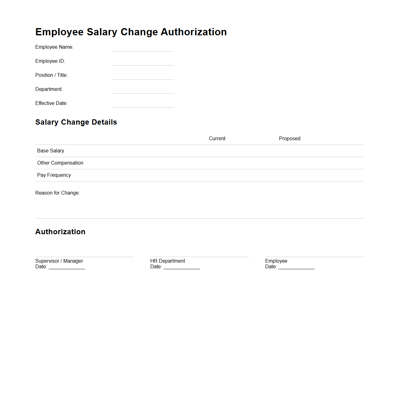 Employee Salary Change Authorization Template