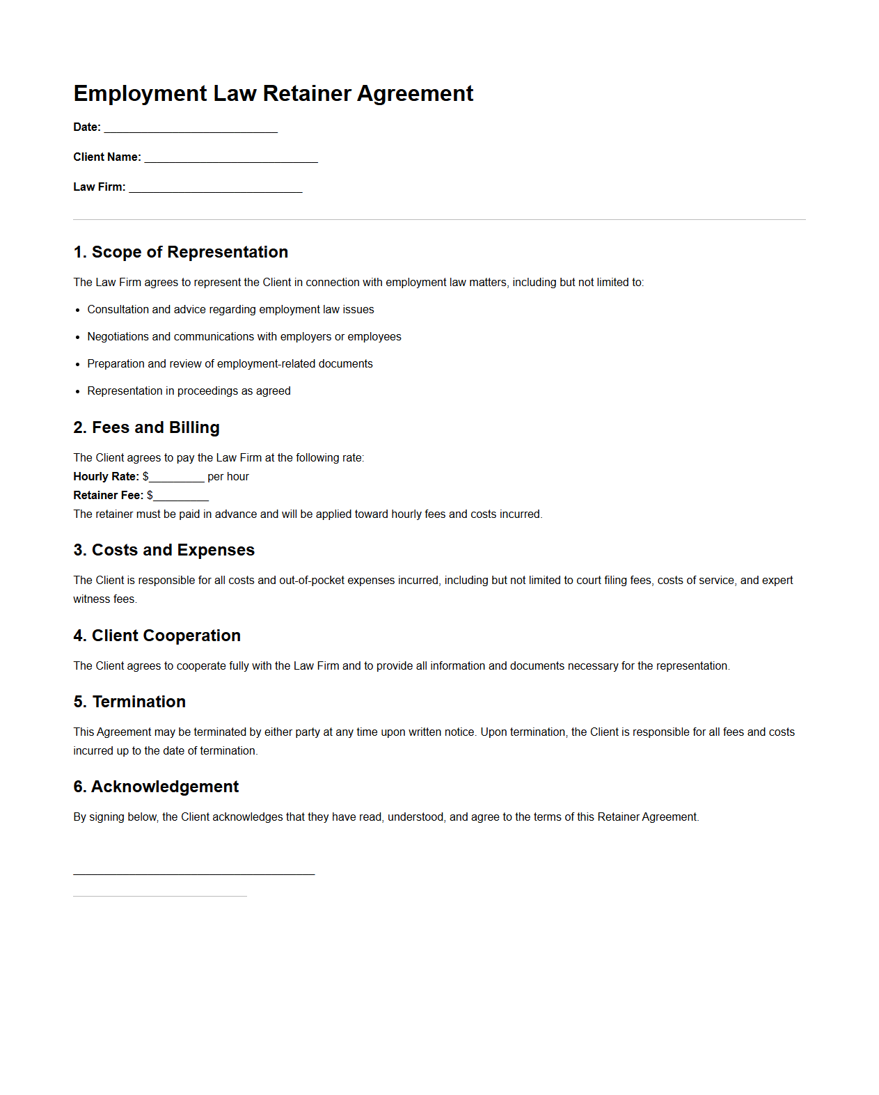 Employment Law Retainer Agreement Format