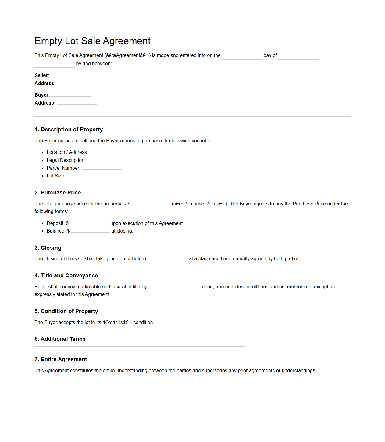 Empty Lot Sale Agreement Sample