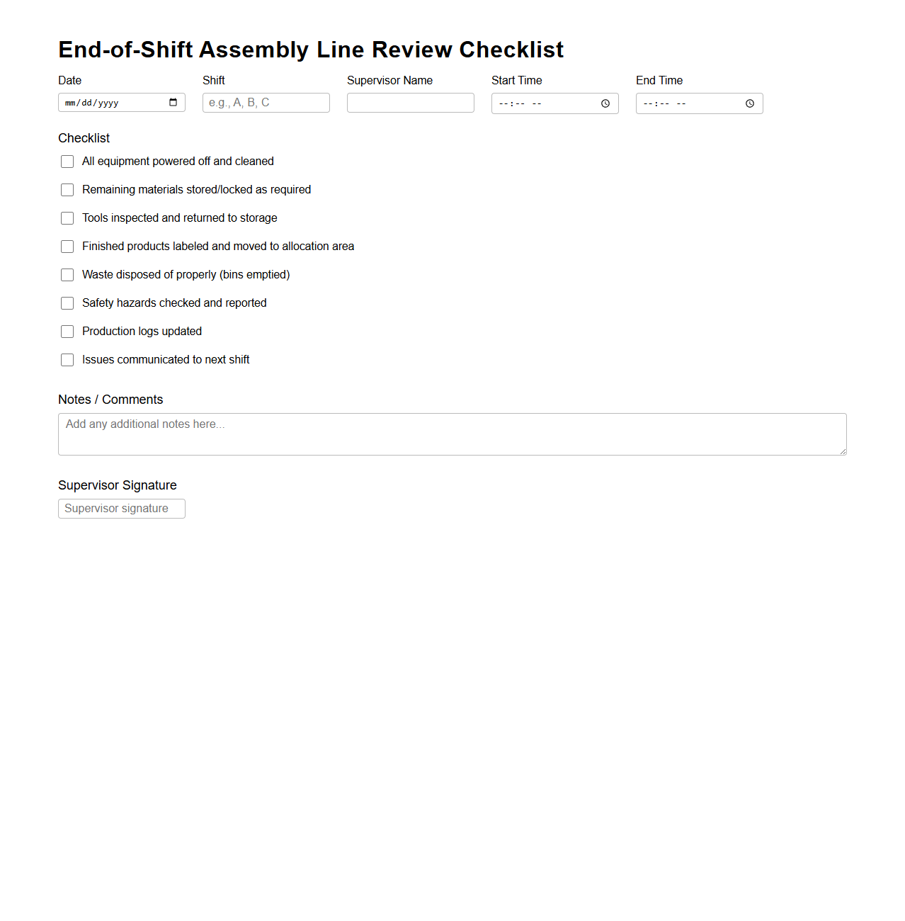 End-of-Shift Assembly Line Review Checklist