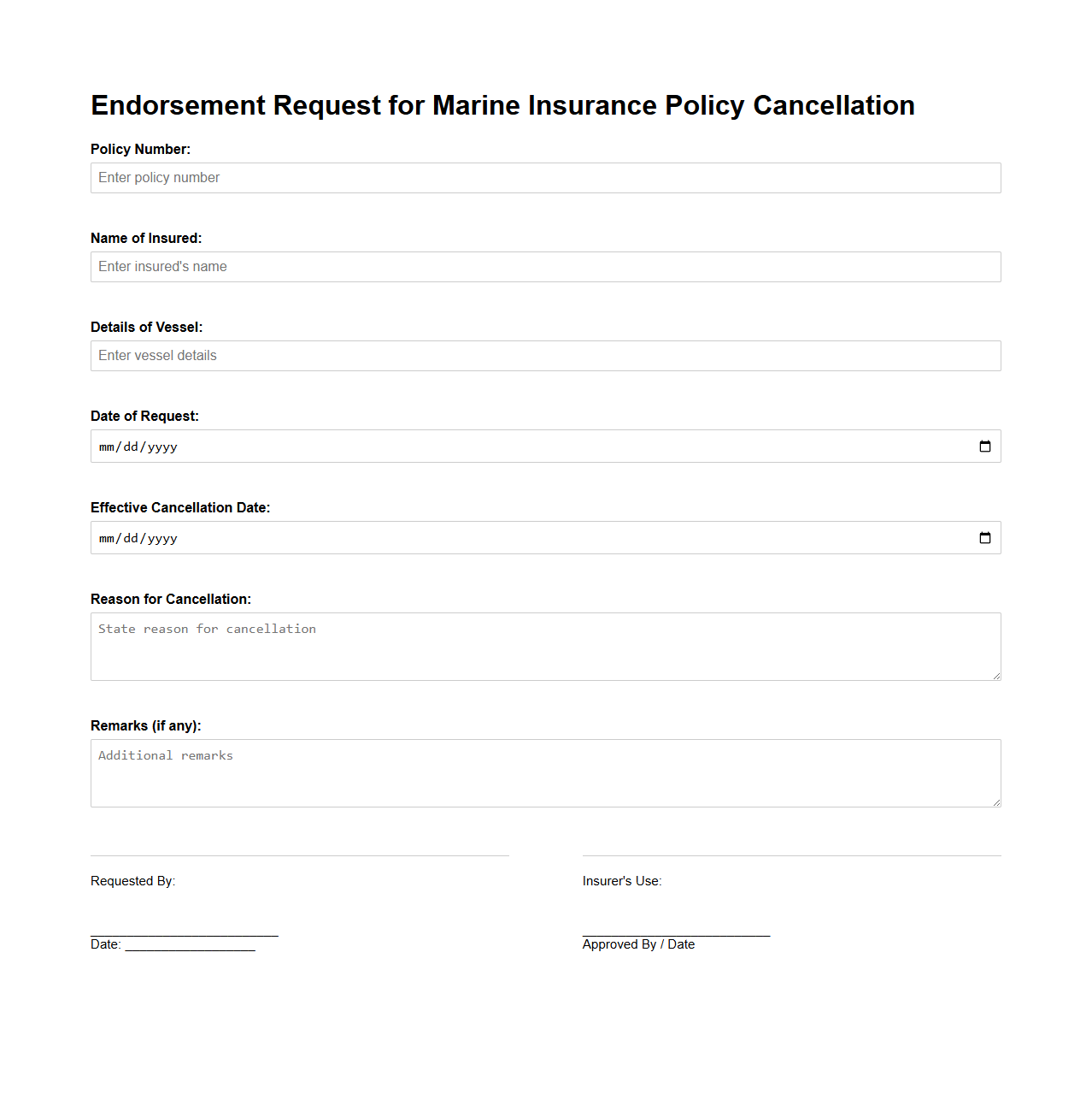 Endorsement Request for Marine Insurance Policy Cancellation
