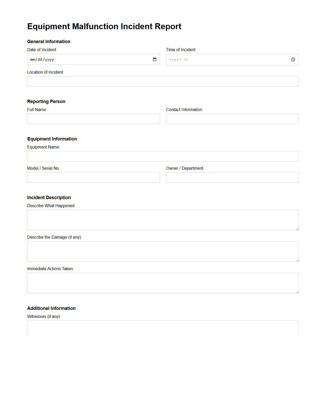 Equipment Malfunction Incident Report for Insurance