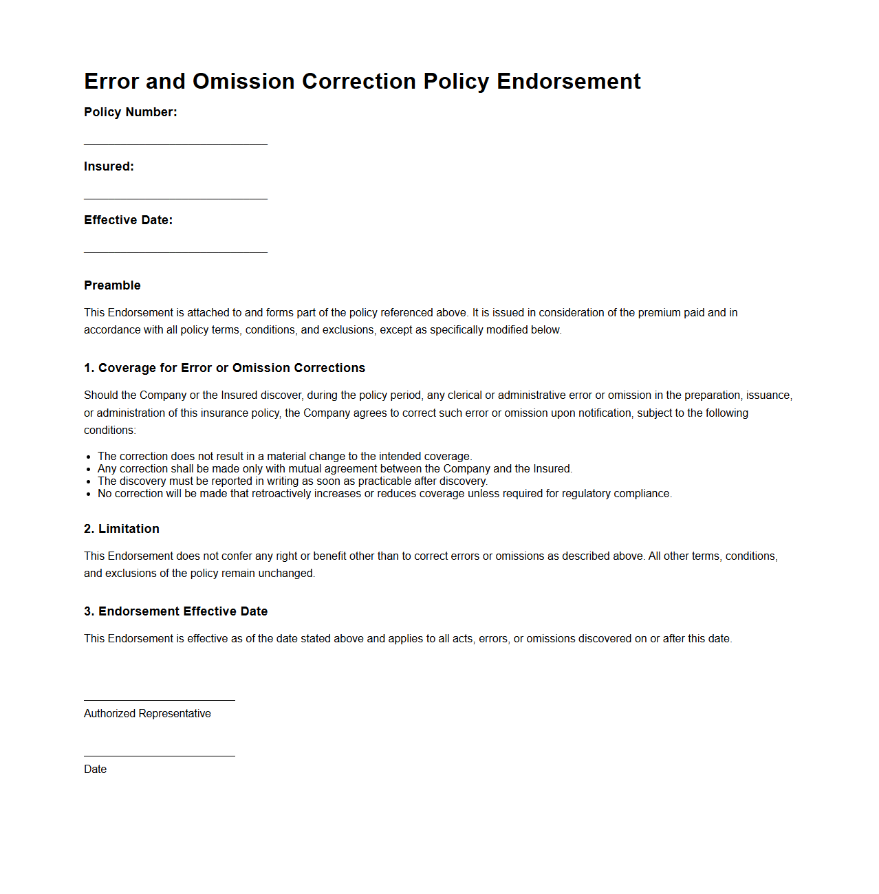 Error and Omission Correction Policy Endorsement Sample