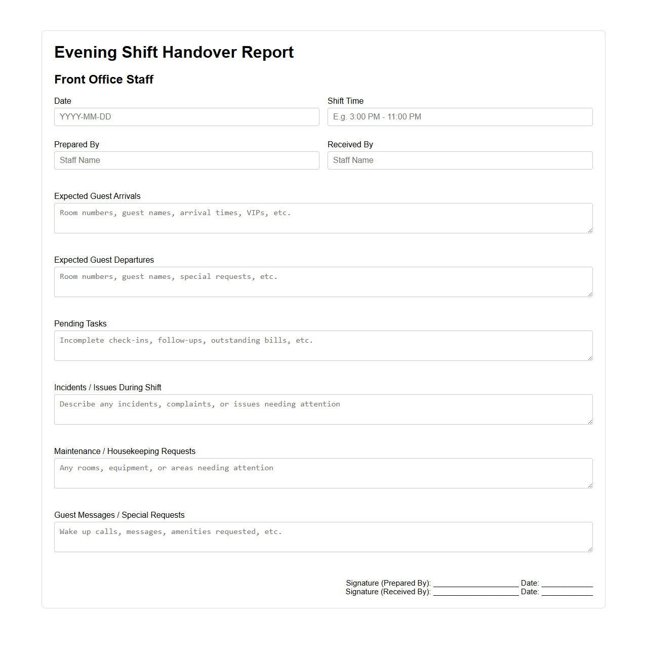Evening Shift Handover Report for Front Office Staff