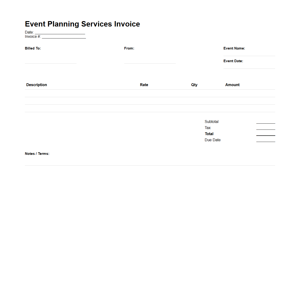 Event Planning Services Billing Invoice