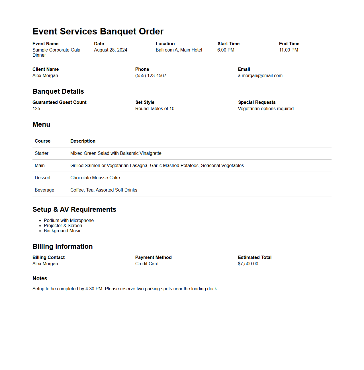 Event Services Banquet Order Example