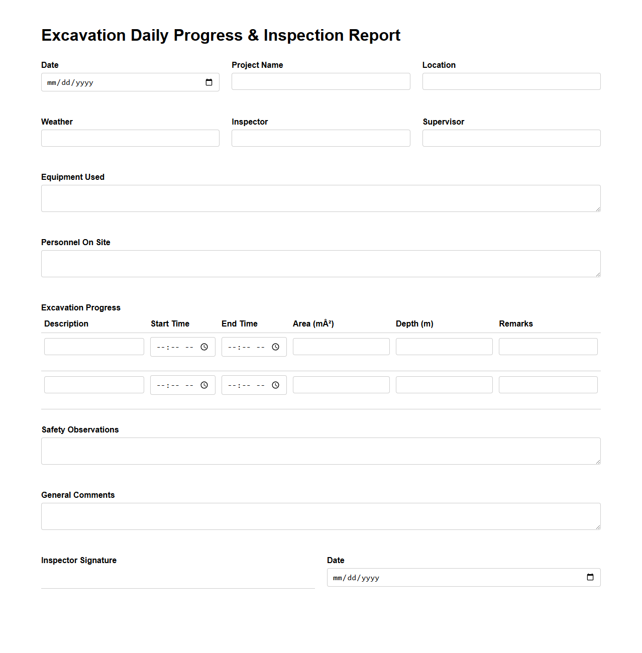 Excavation Daily Progress and Inspection Report