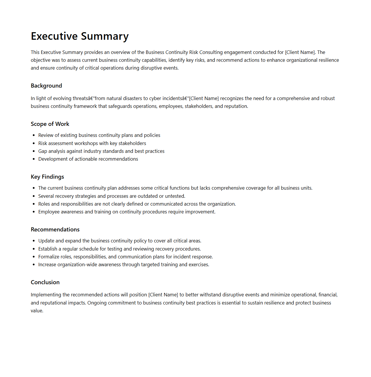 Executive Summary Example for Business Continuity Risk Consulting
