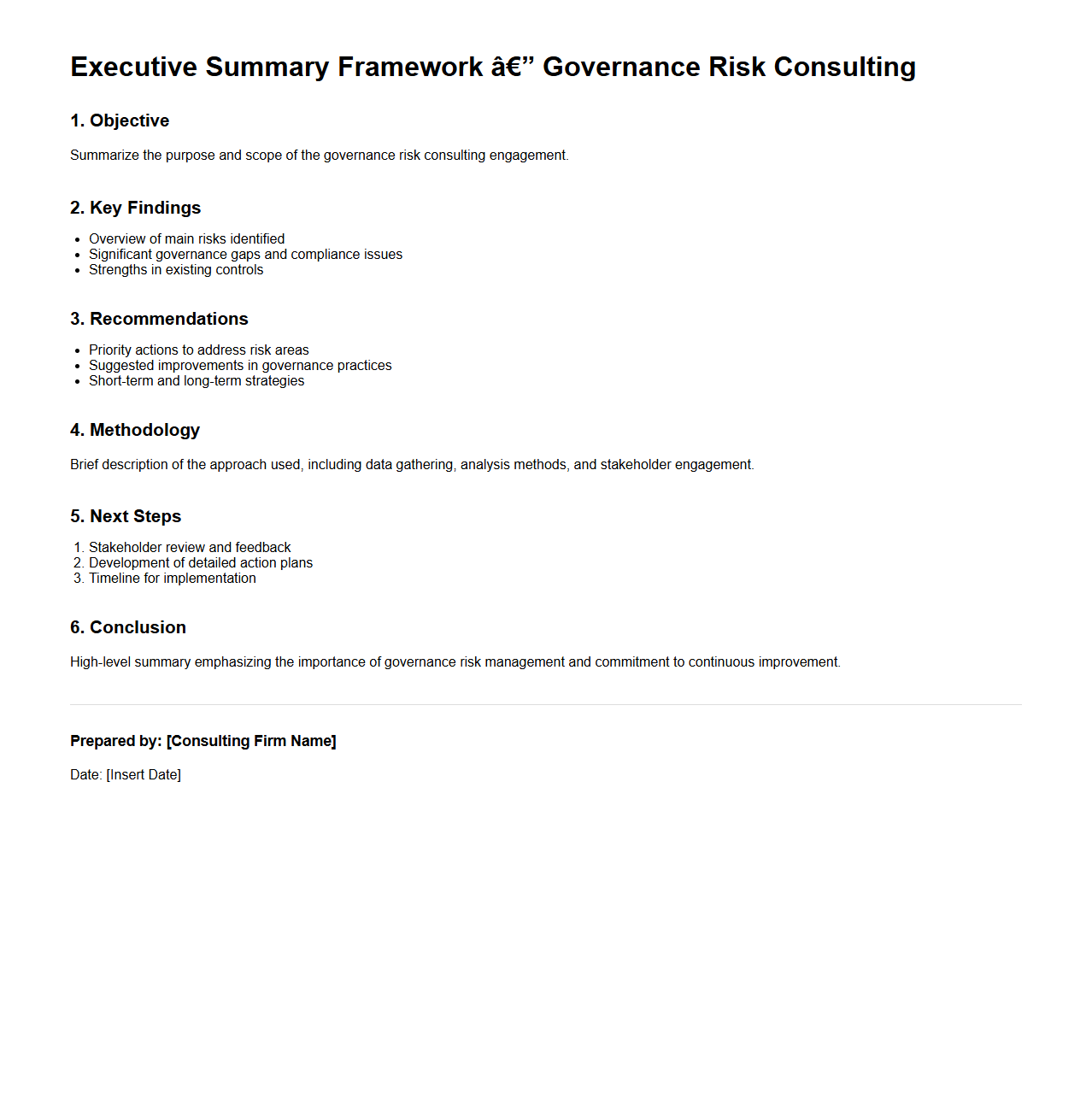 Executive Summary Framework for Governance Risk Consulting