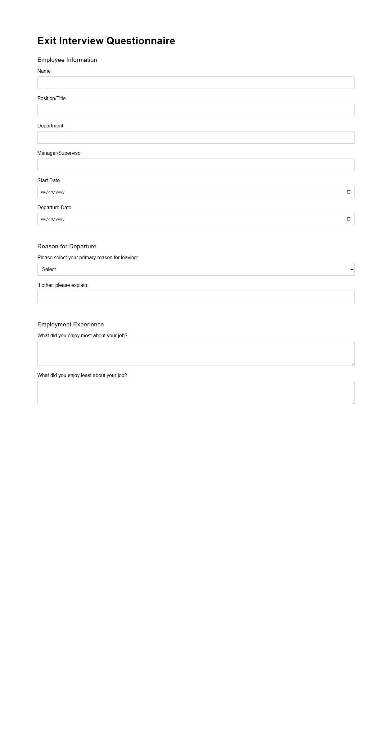 Exit Interview Questionnaire Template for Employee Departure