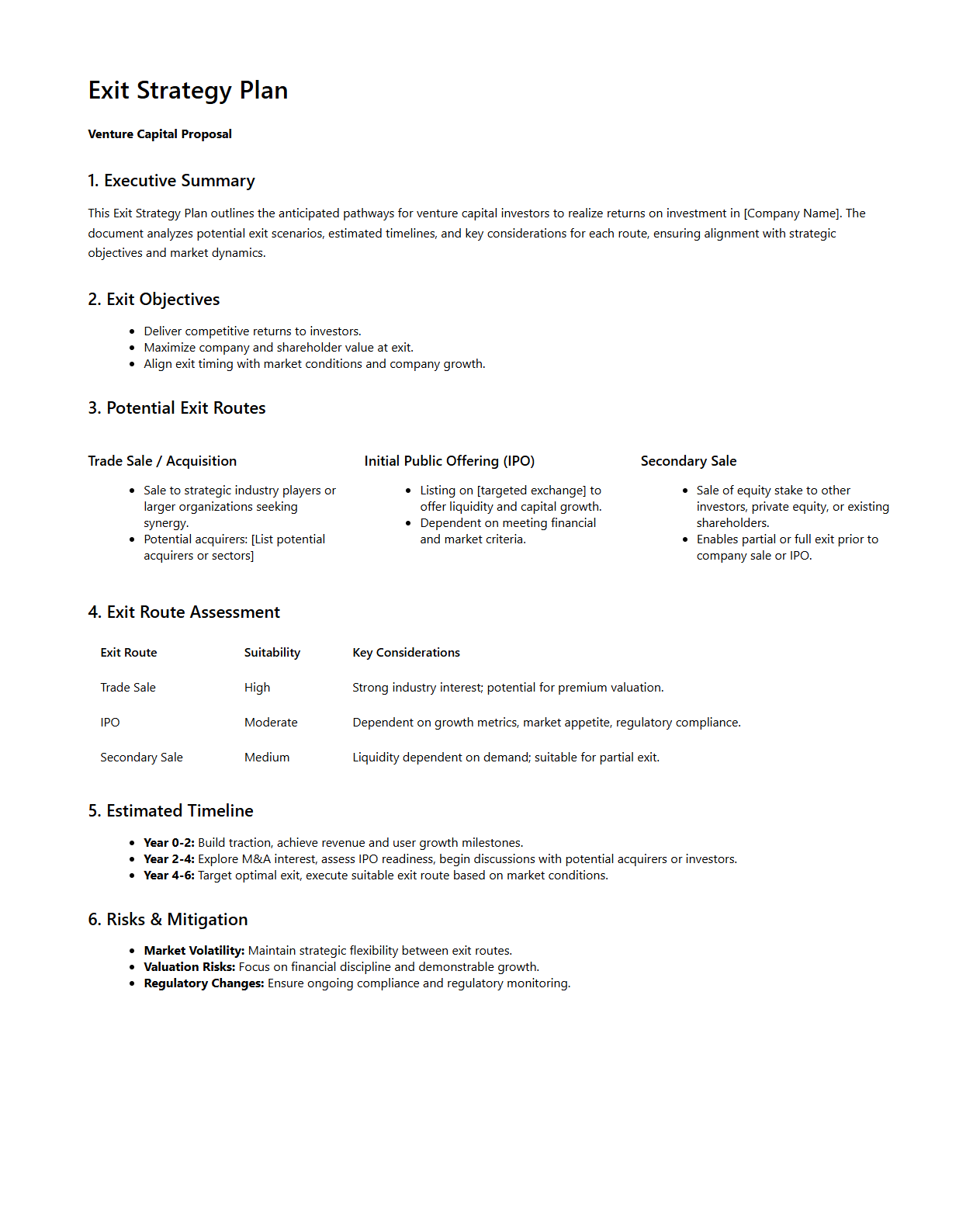 Exit Strategy Plan for Venture Capital Proposal