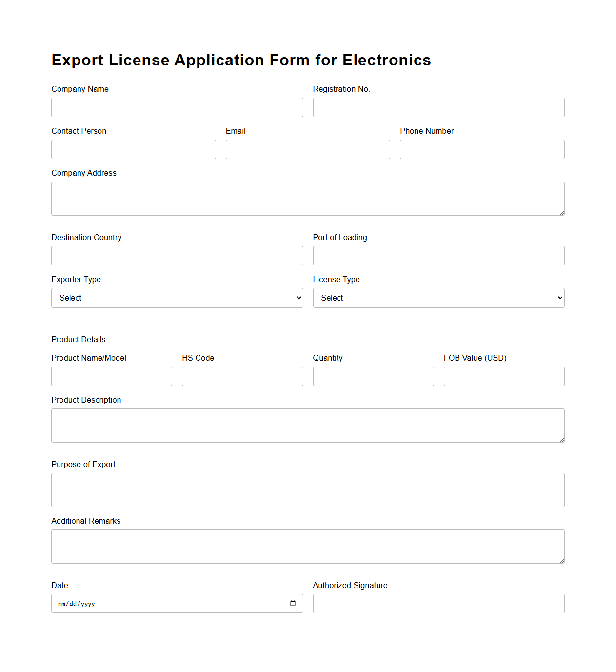 Export License Application Form for Electronics