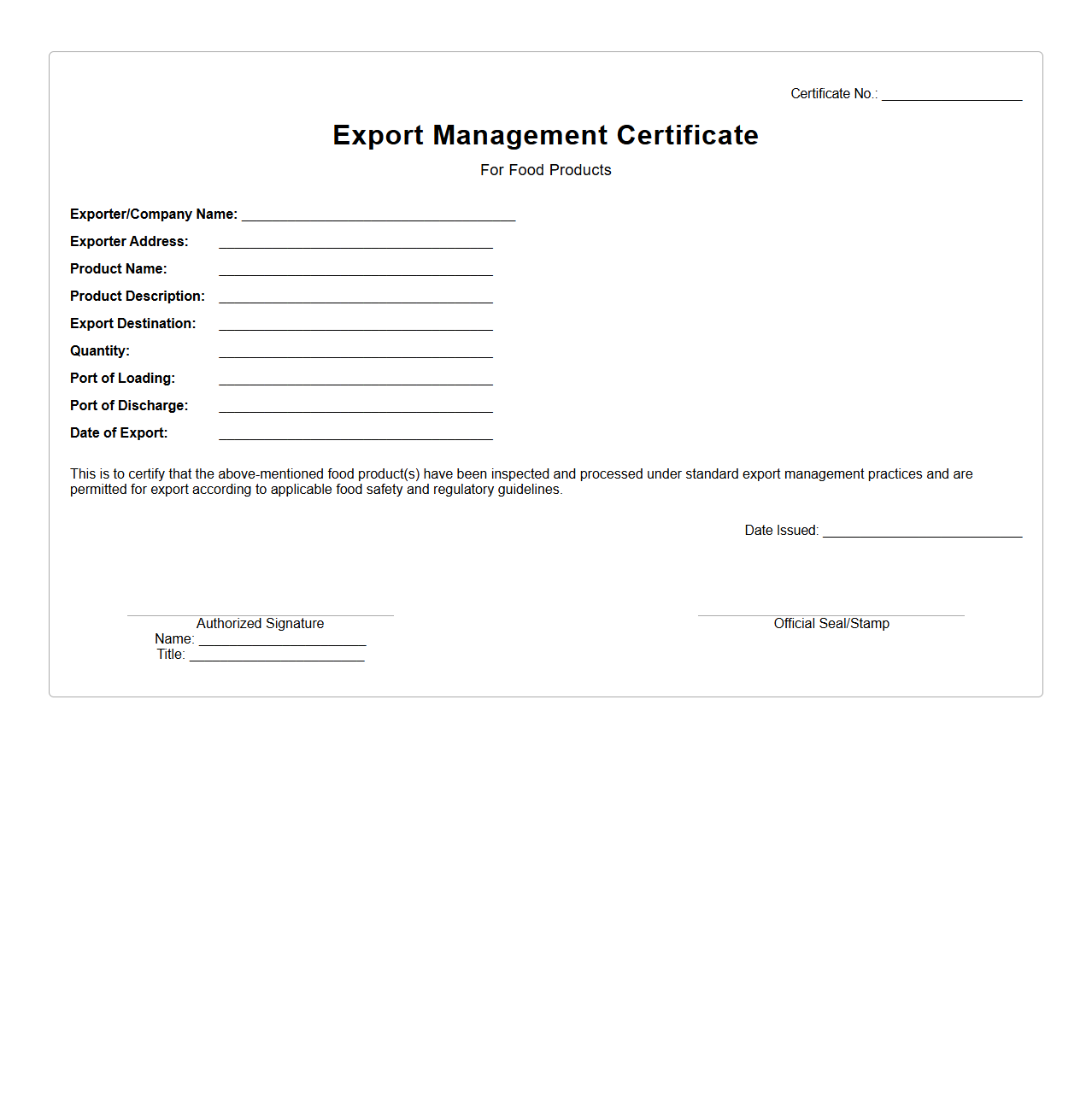 Export Management Certificate for Food Products