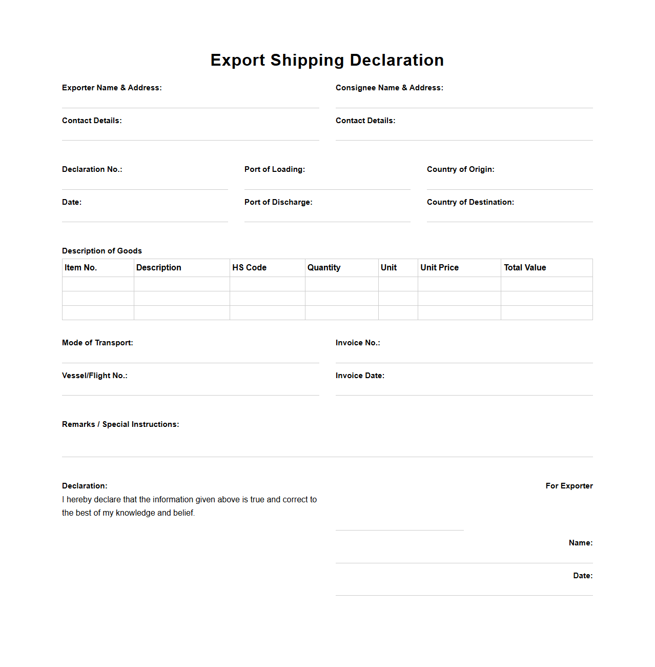 Export Shipping Declaration Document Format