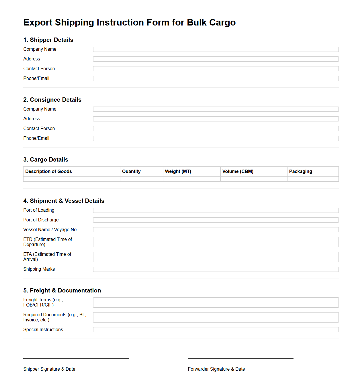 Export Shipping Instruction Form for Bulk Cargo