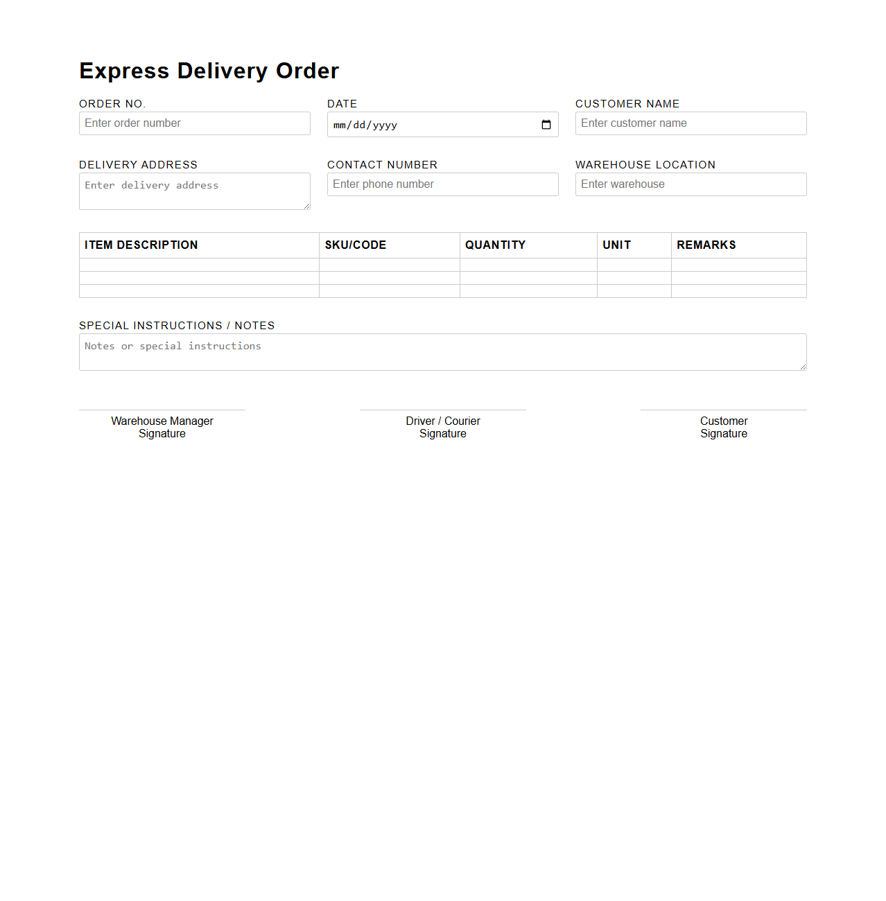 Express Delivery Order Template for Warehouse Shipping