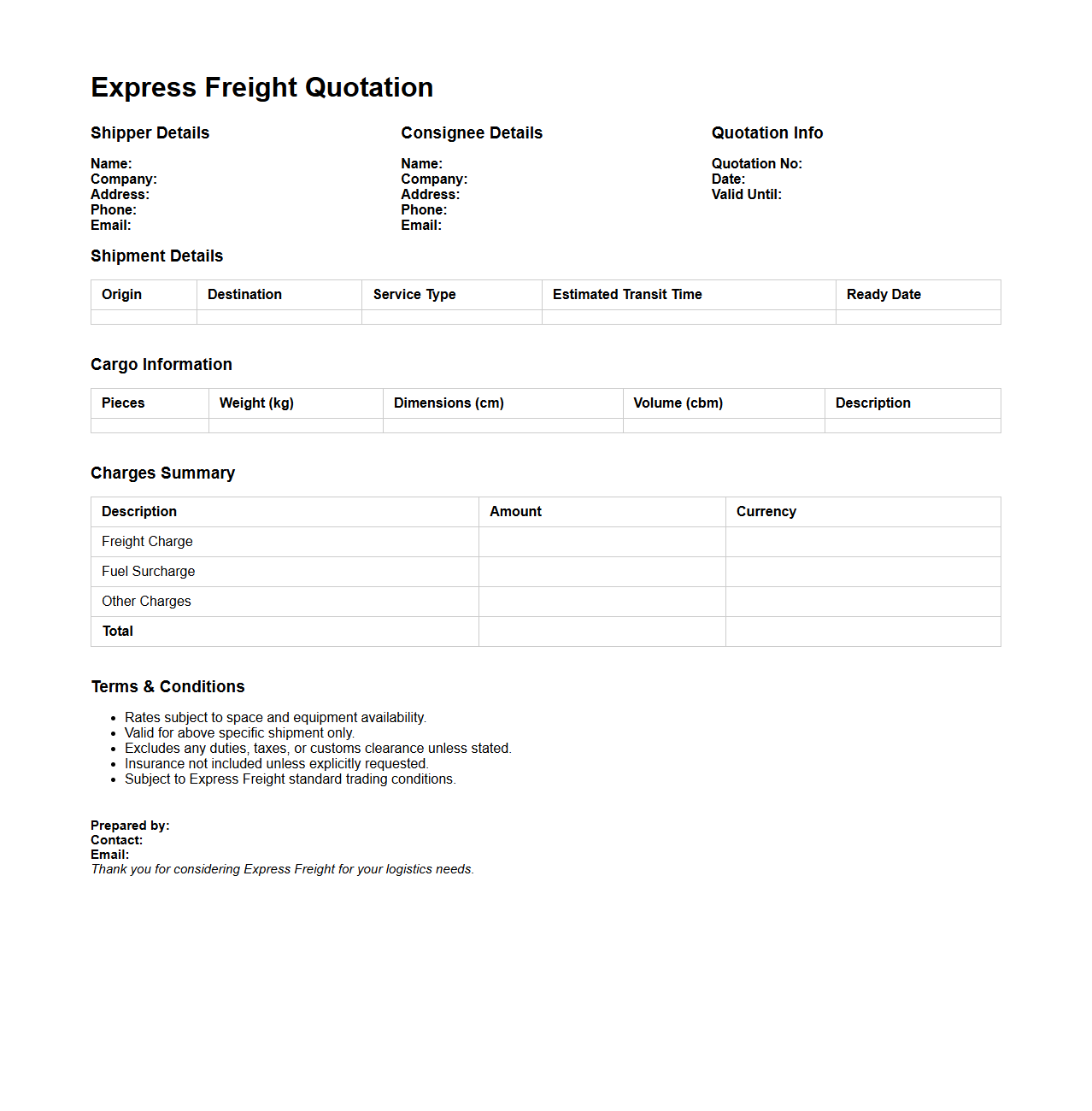 Express Freight Quotation Document Sample