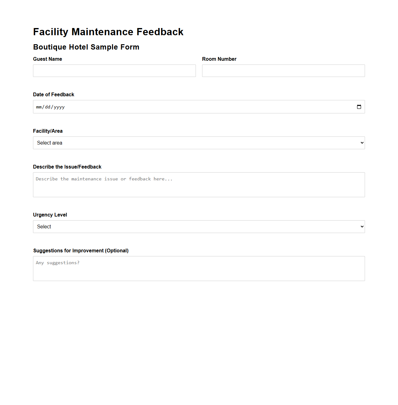 Facility Maintenance Feedback Sample for Boutique Hotels