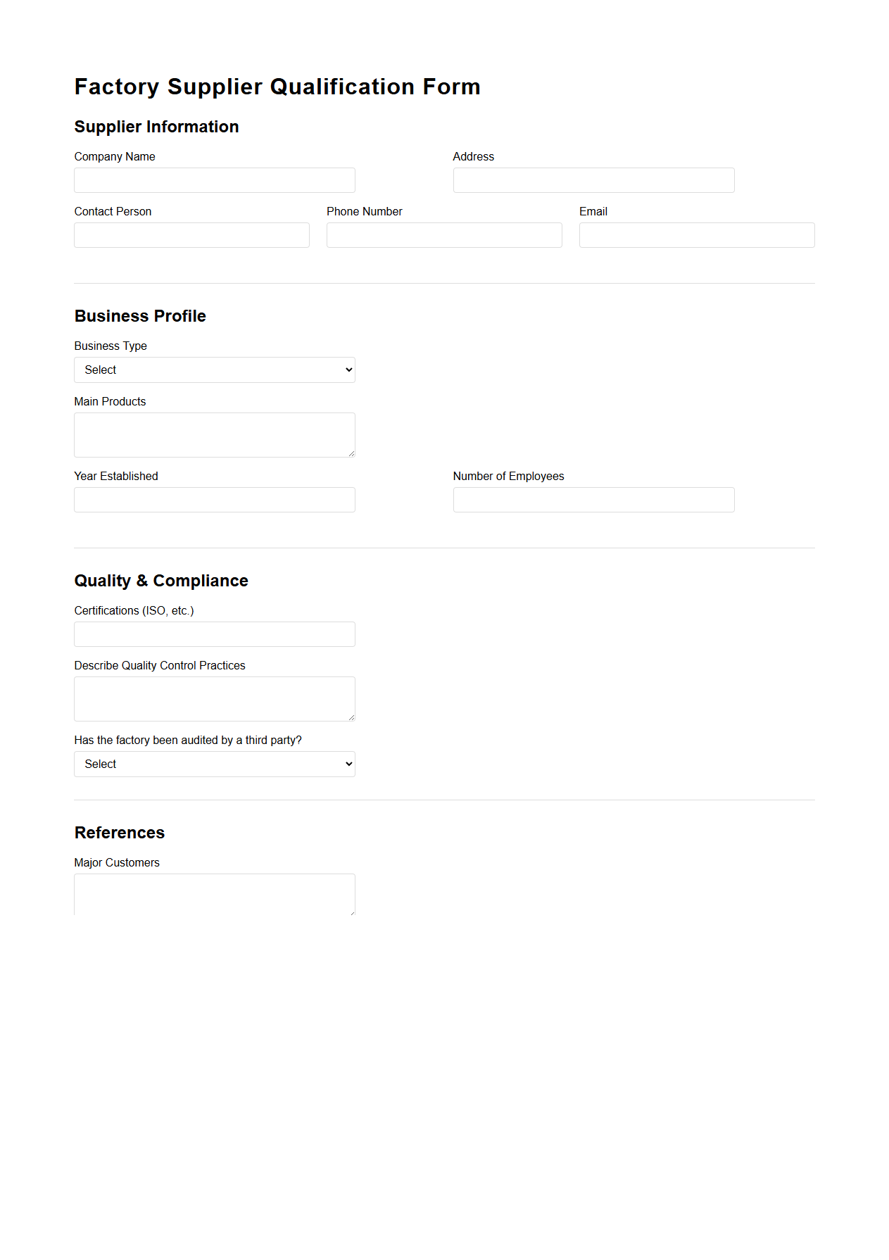 Factory Supplier Qualification Form Sample