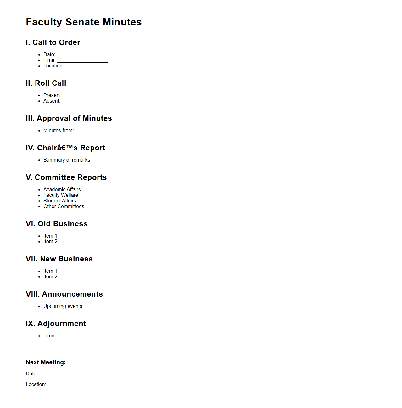 Faculty Senate Minutes Outline