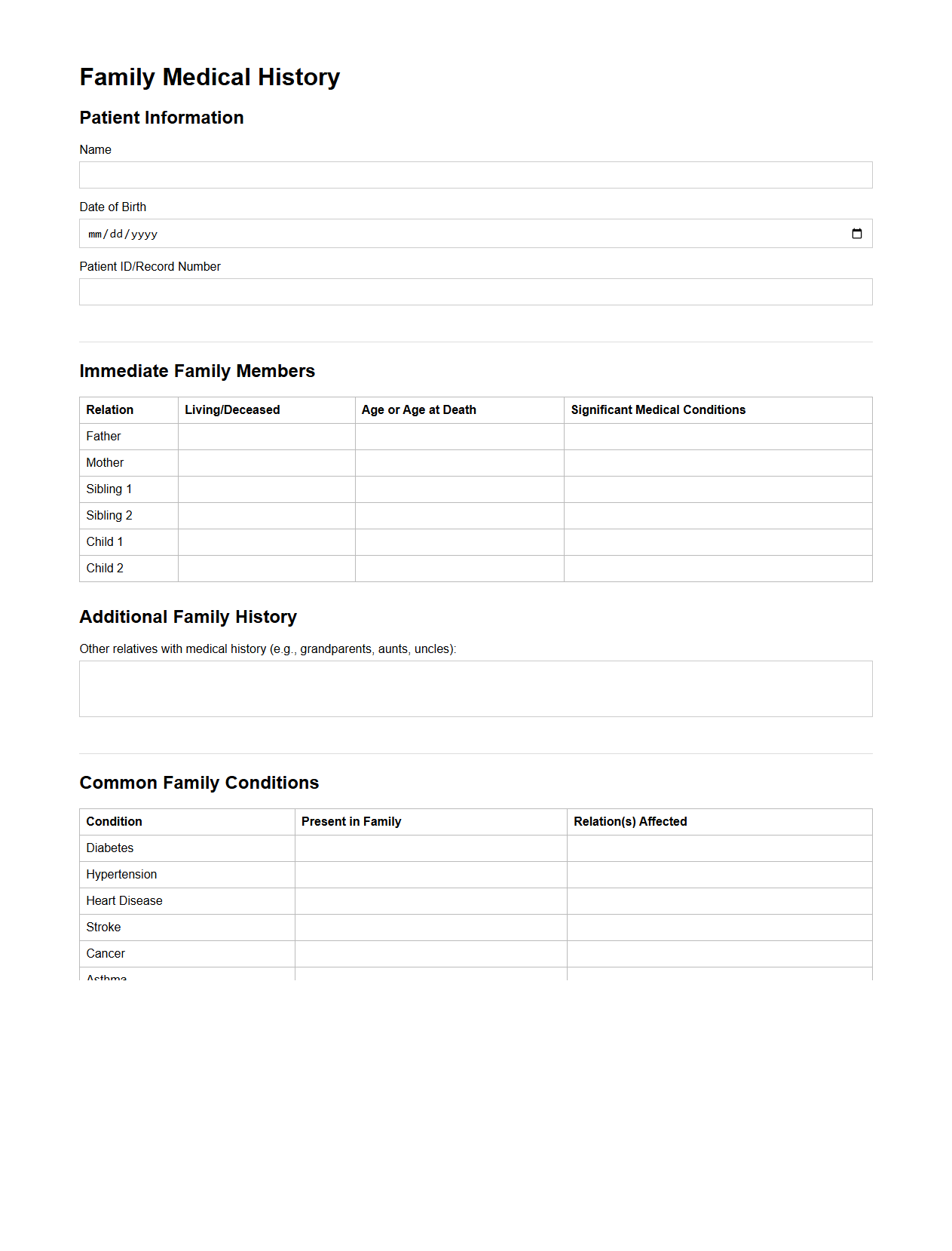 Family Medical History Template for Clinics