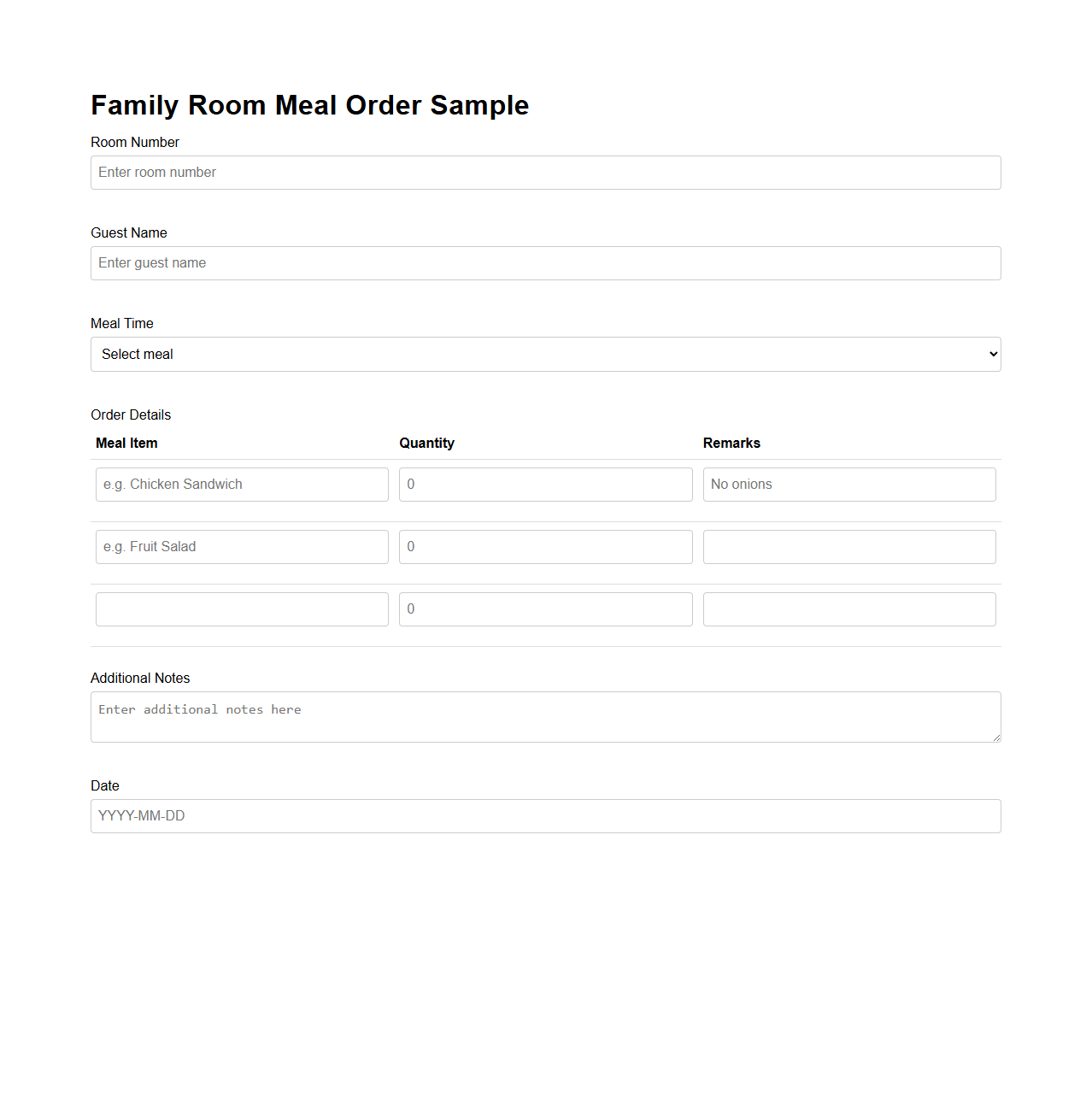 Family Room Meal Order Sample
