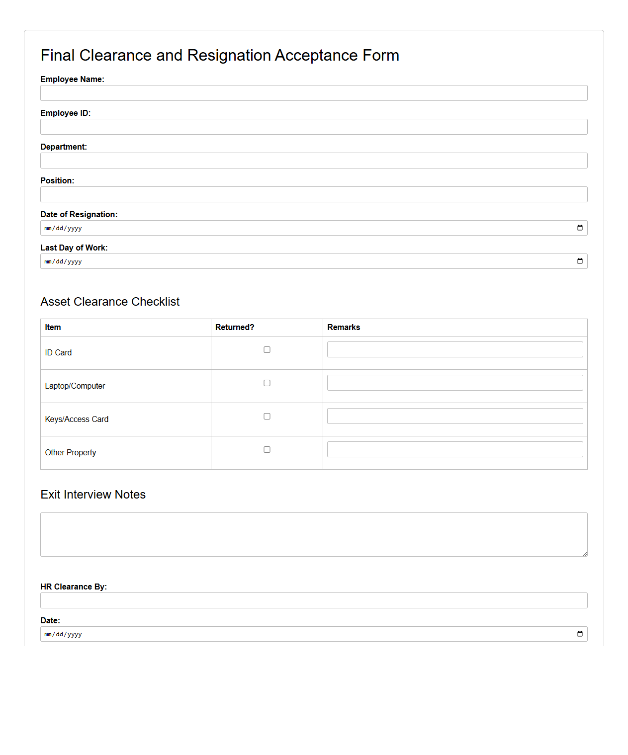 Final Clearance and Resignation Acceptance Form