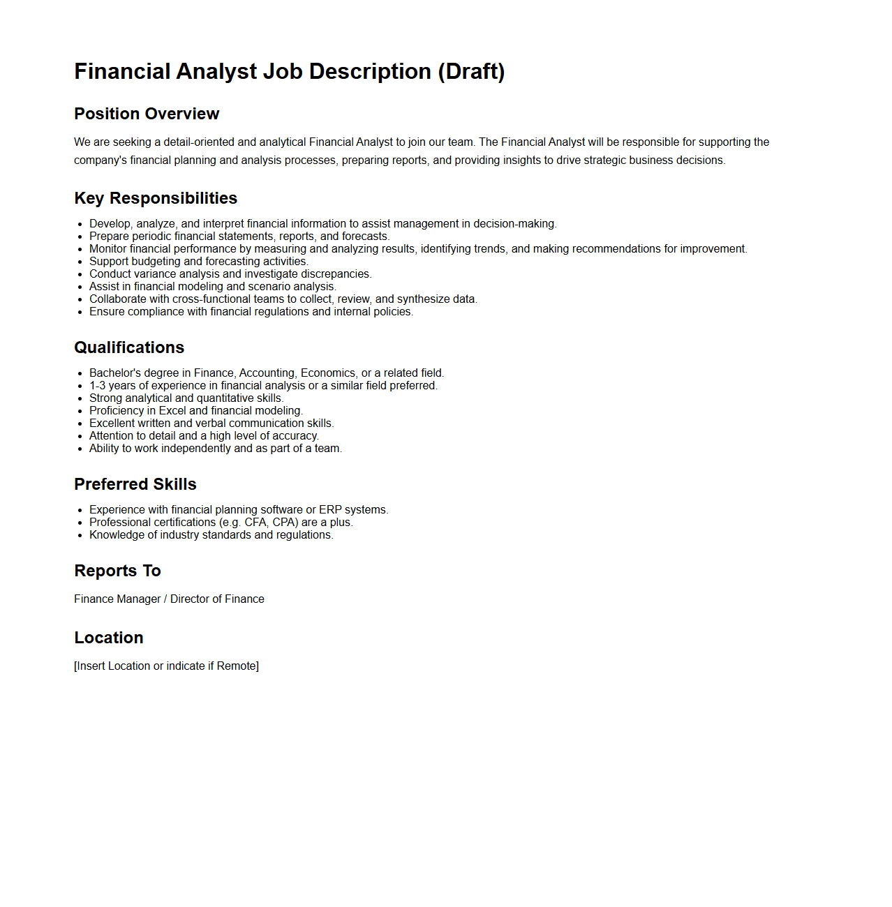 Financial Analyst Job Description Draft