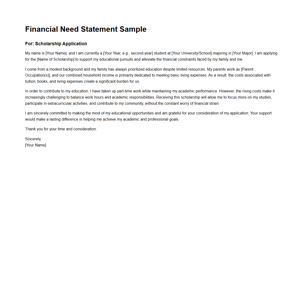 Financial Need Statement Sample for Scholarship