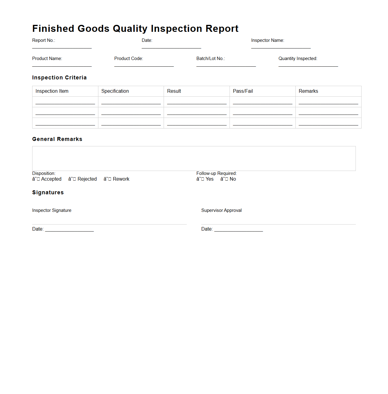Finished Goods Quality Inspection Report Template