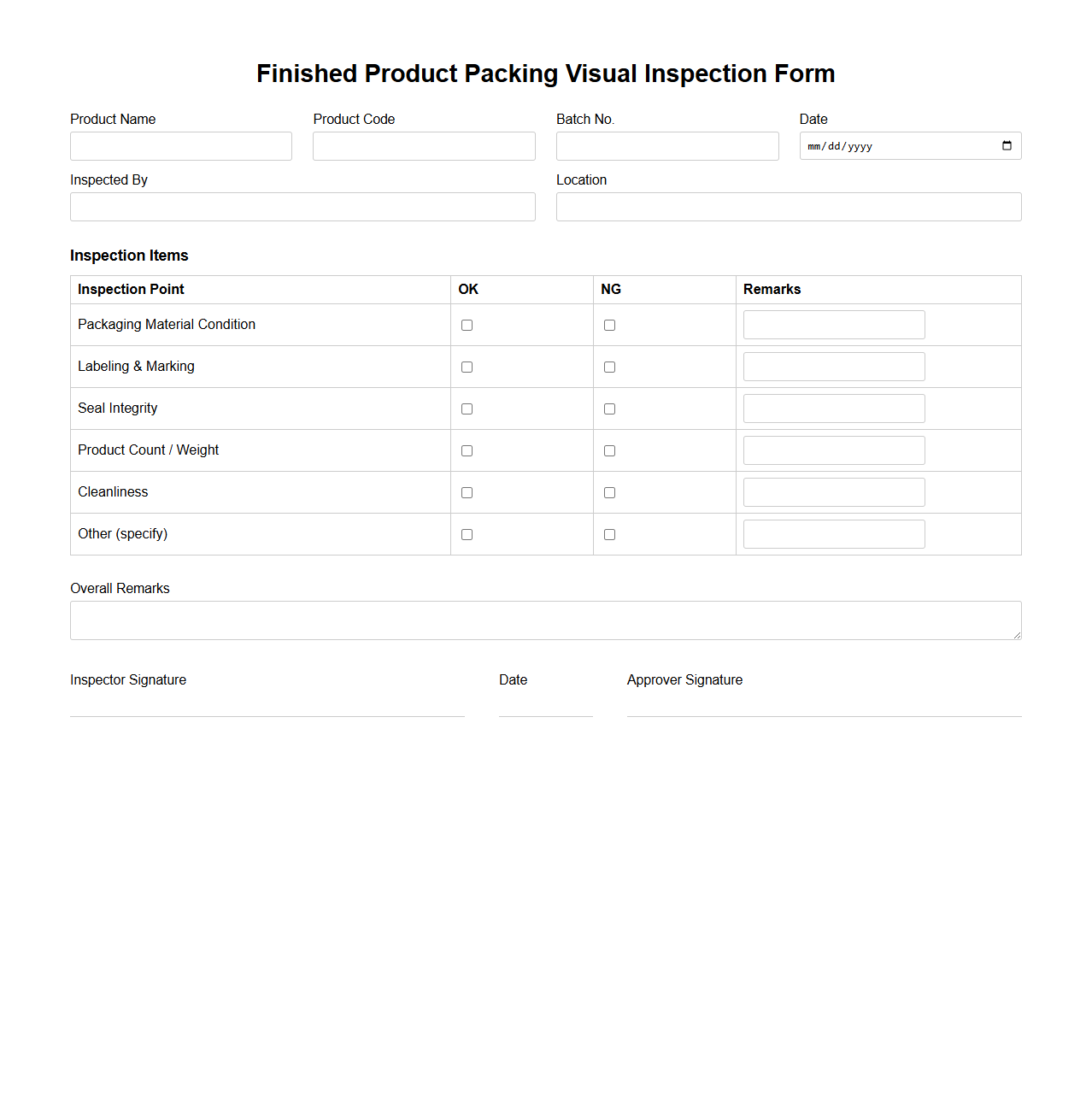 Finished Product Packing Visual Inspection Form